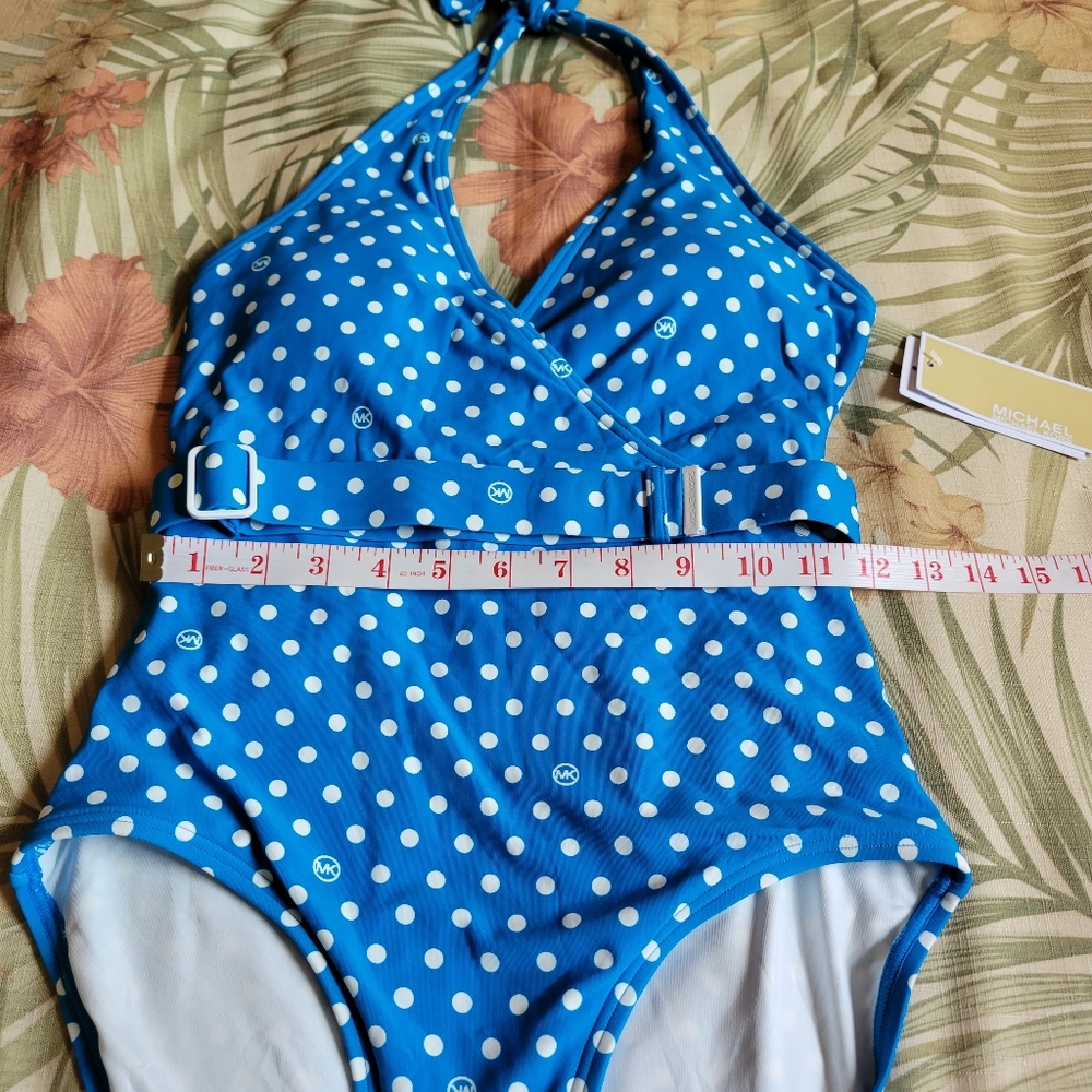 Michael Kors Polka Dot One Piece Swimwear Belt Halter Cyan Blue White 10 - Picture 10 of 13